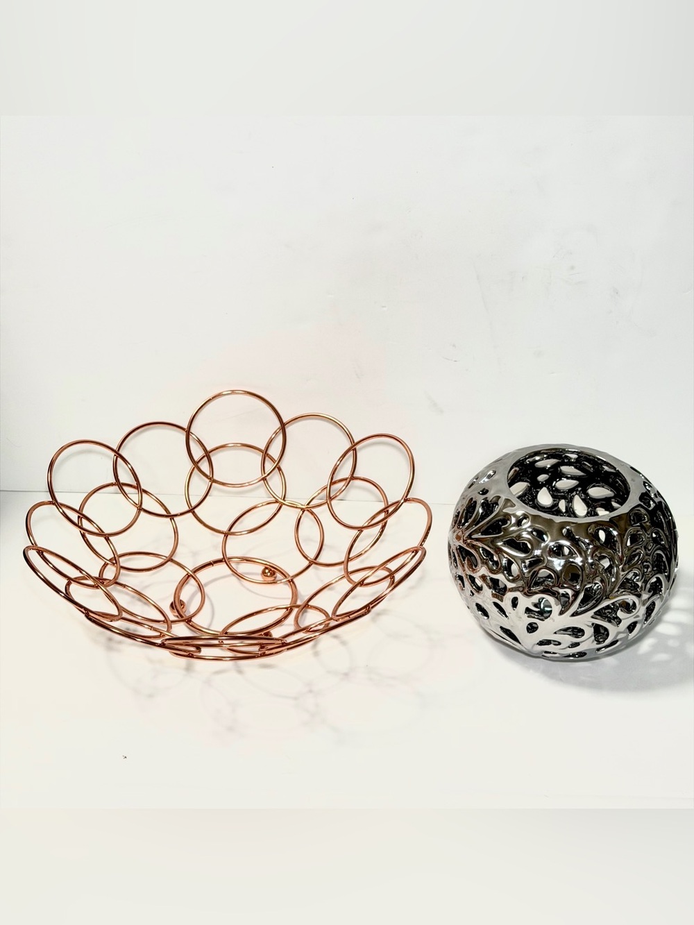 Rose Gold Wire Circle Basket and Silver Metal Cutout Orb